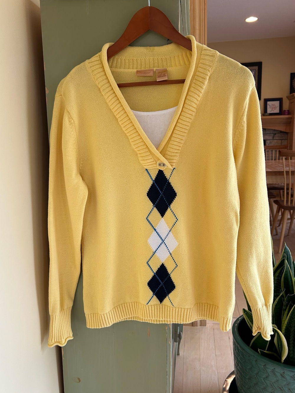 NorthCrest Vintage Argyle V-Neck Cotton Knit Yellow Sweater Size Large
